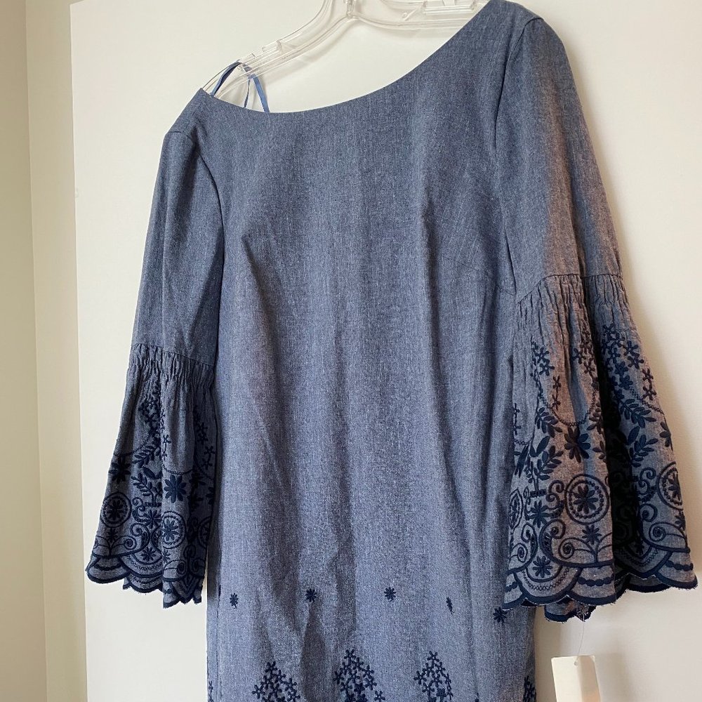 Eliza J PLUS Chambray Bell Sleeve Embroidered Dress